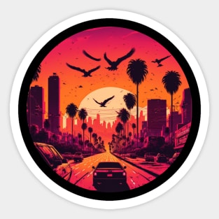hotline miami Los Angeles cityscape at golden hour Sticker